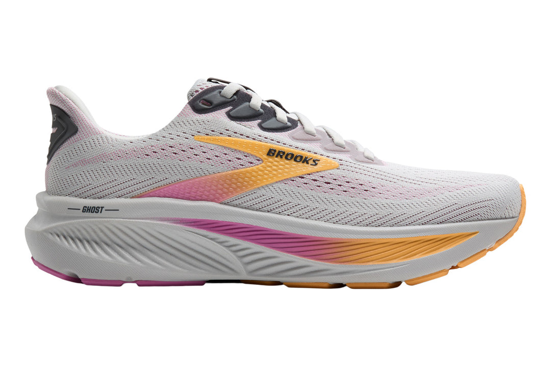 Brooks Ghost 17 B Oyster/Apricot/Pink Womens #color_grey-multi-pinks-purples