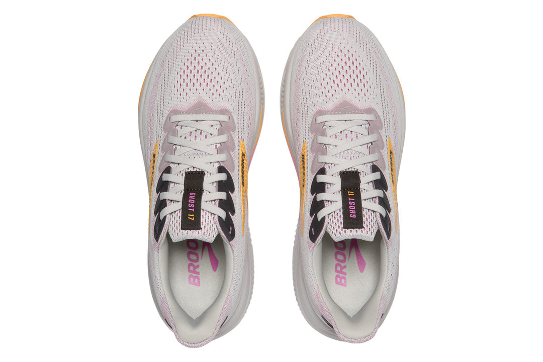 Brooks Ghost 17 D Oyster/Apricot/Pink Womens #color_grey-multi-pinks-purples