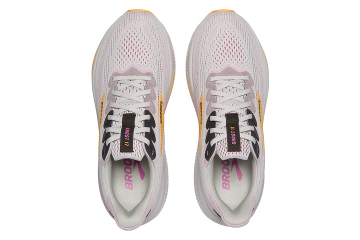 Brooks Ghost 17 D Oyster/Apricot/Pink Womens #color_grey-multi-pinks-purples