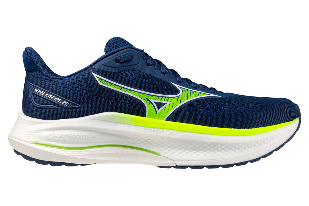 Mizuno Wave Inspire 22 D Estate Blue/White/Lightning Yellow Mens #color_blue-multi-yellows