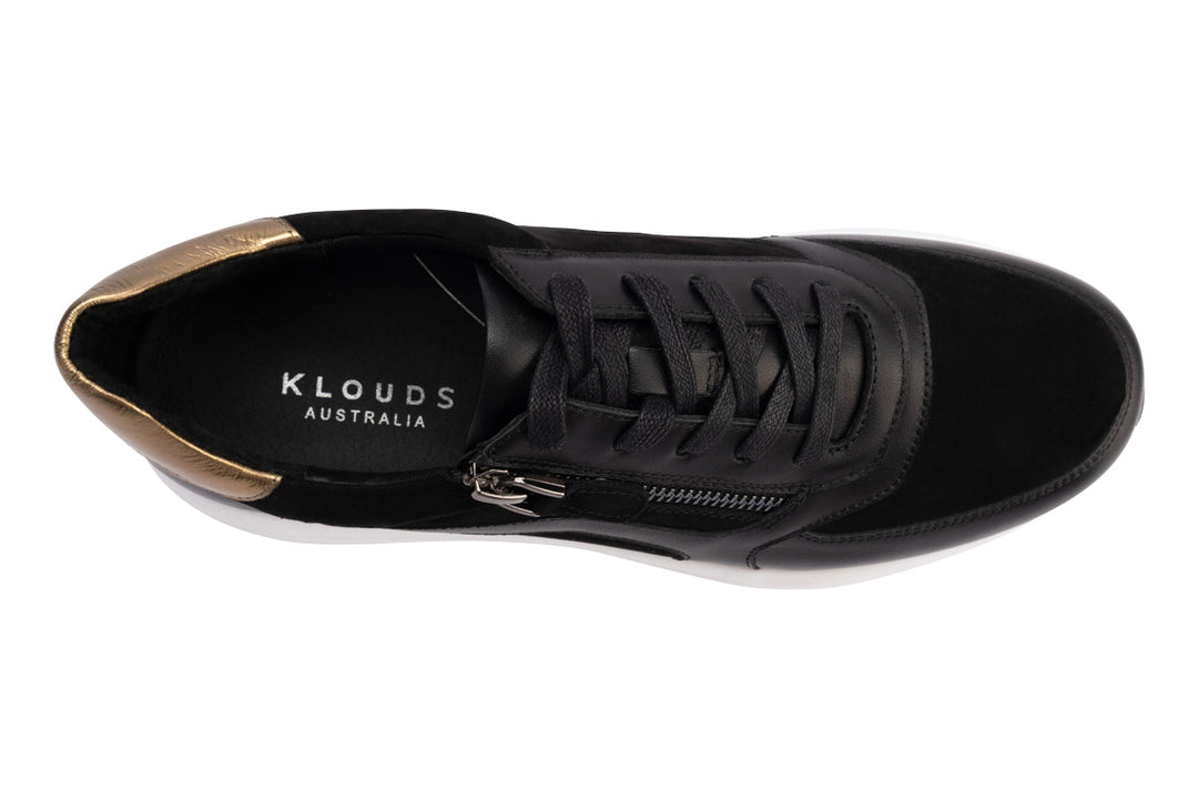 Klouds Kerry Black Suede Gold Leather Combo Womens #color_black