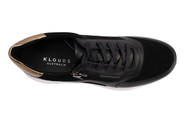 Klouds Kerry Black Suede Gold Leather Combo Womens #color_black
