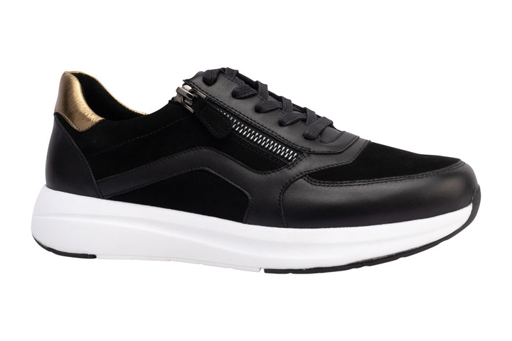 Klouds Kerry Black Suede Gold Leather Combo Womens #color_black