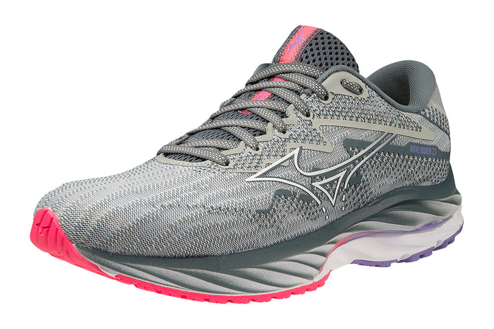 Mizuno Wave Rider 27 D Pearl Blue/White/High-Vis Pink Womens #color_grey-multi-pinks-purples